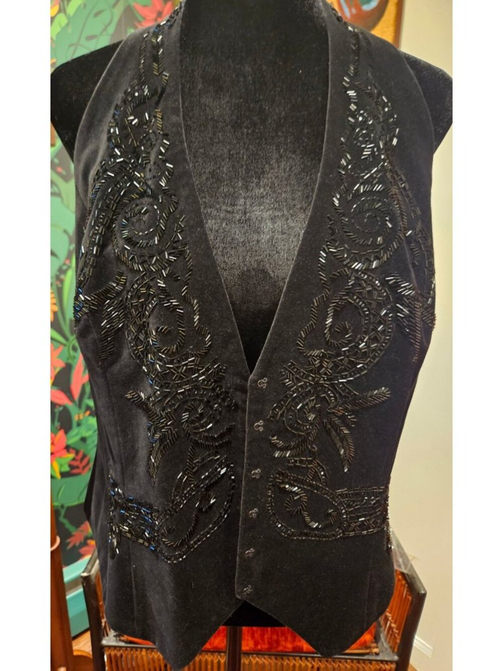 DG2 By Diane Gilman Black Beaded Velvet Vest With Satin Back Adjustable Size S